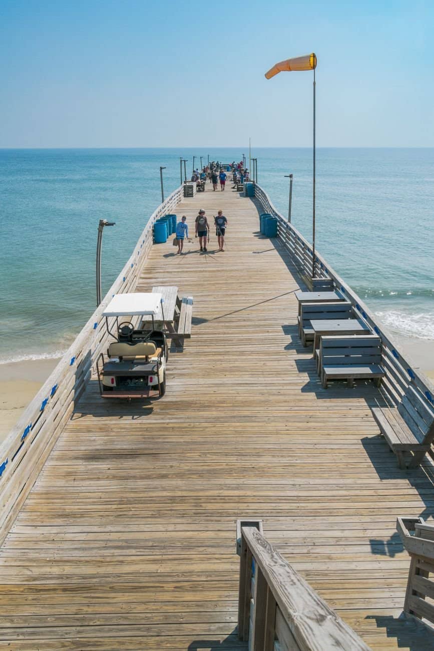 Visitors walking along Avalon Pier in Kitty Hawk, enjoying a sunny day.