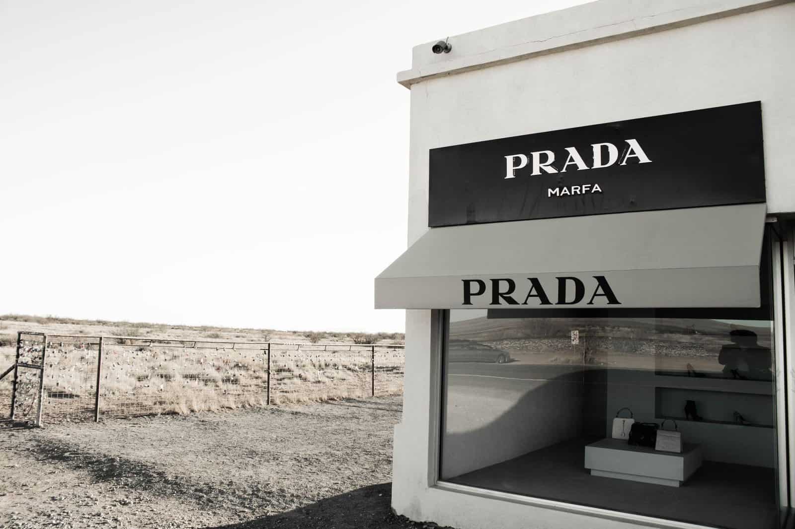Prada Marfa store amidst the Texas desert, an iconic art installation near Valentine.