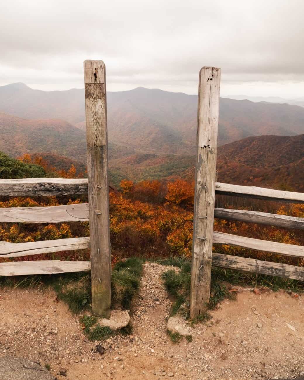 Rustic fence framing vibrant fall foliage in the Smoky Mountains, cloudy day.