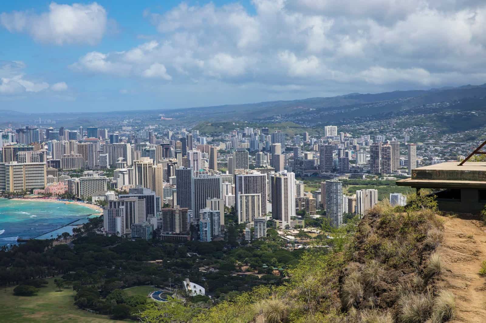 Discover the stunning skyline of Honolulu with ocean views from a scenic overlook.