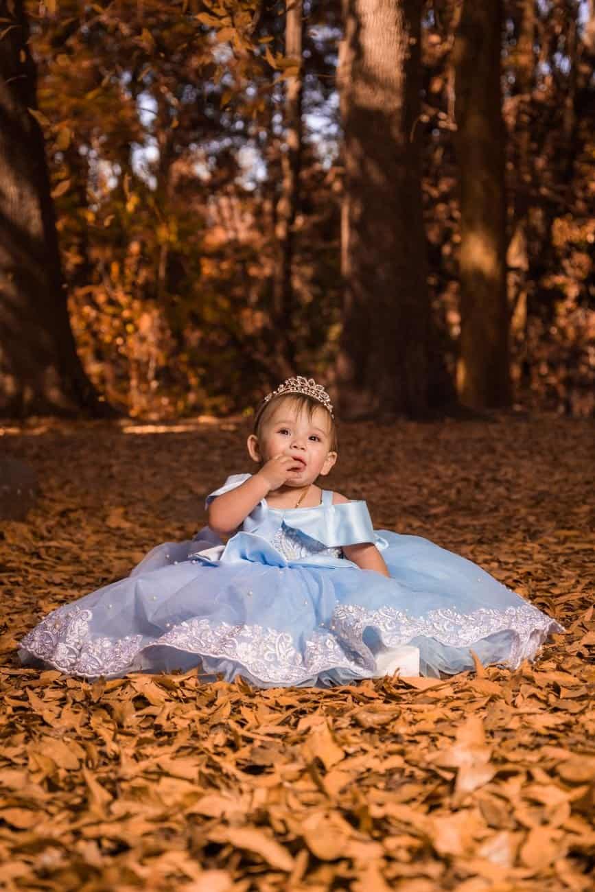 Cute toddler wearing a blue gown sits on fallen leaves in a serene forest park during fall.