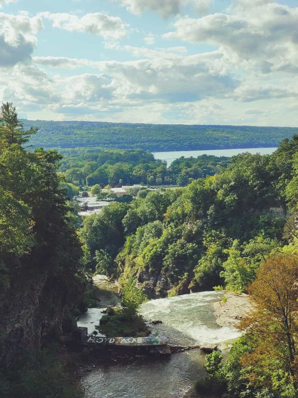 Stunning view of a lush waterfall and landscape in Ithaca, New York, surrounded by greenery.