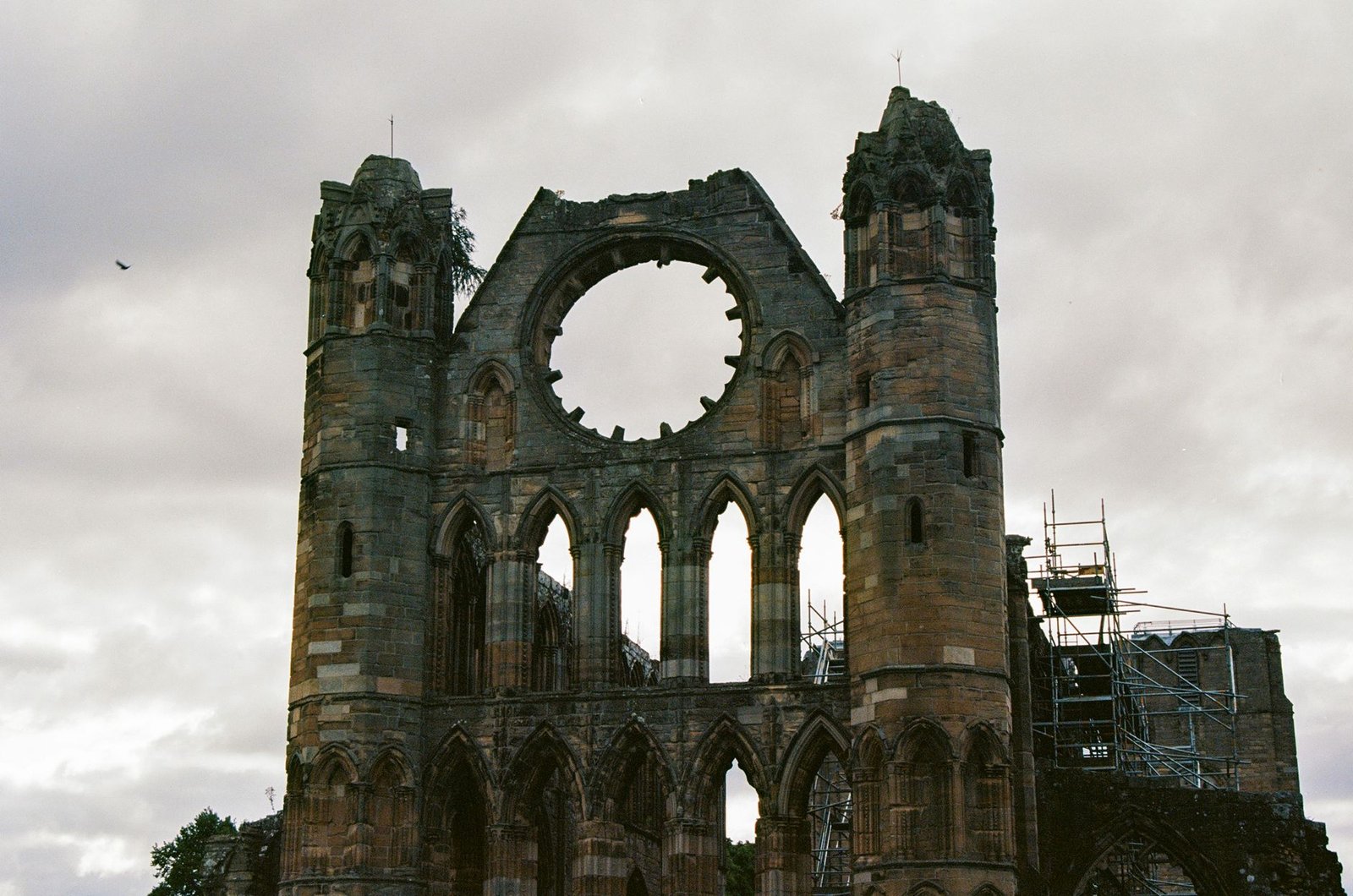 Capture of the majestic ruins of Elgin Cathedral against a cloudy Scottish sky.