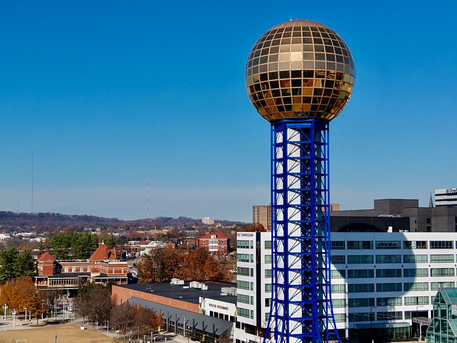 Aerial view of the iconic Sunsphere in Knoxville, Tennessee on a sunny day.