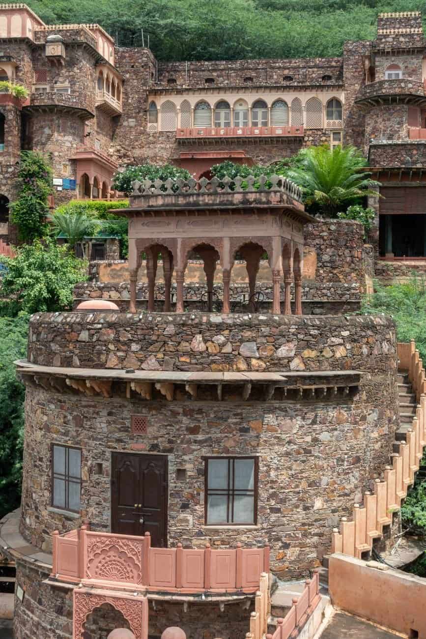 Explore the stunning stone architecture of Neemrana Fort in Rajasthan, India.