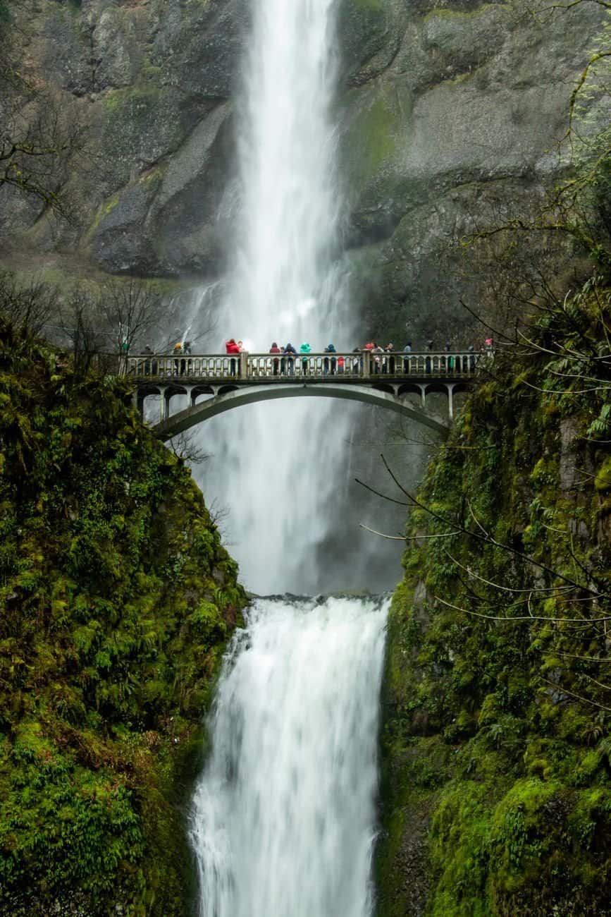 Stunning capture of Multnomah Falls with Benson Bridge, a popular tourist spot in Oregon.