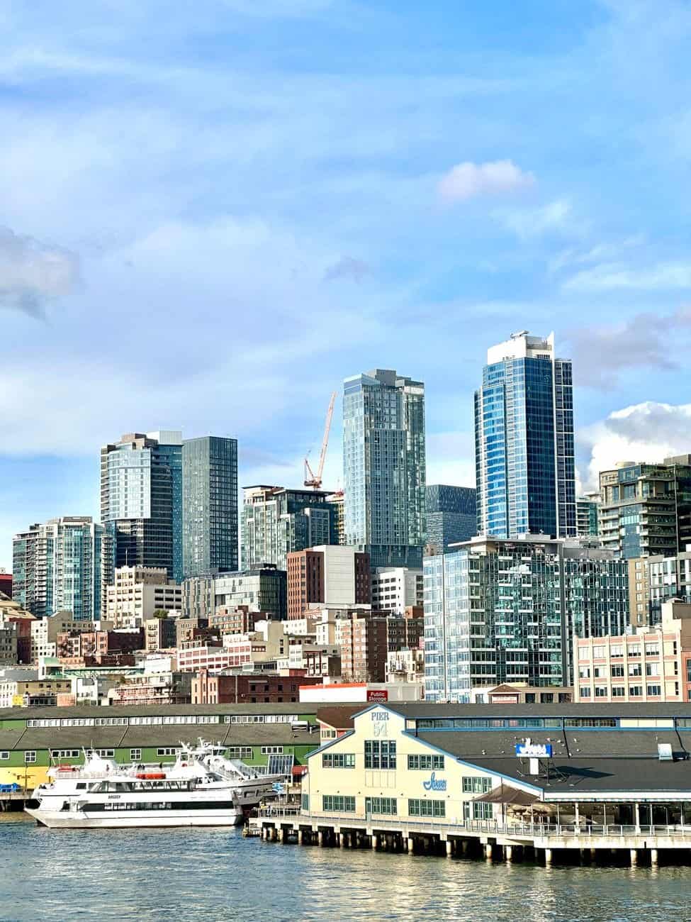 Stunning view of Seattle skyline with prominent waterfront on a clear day.