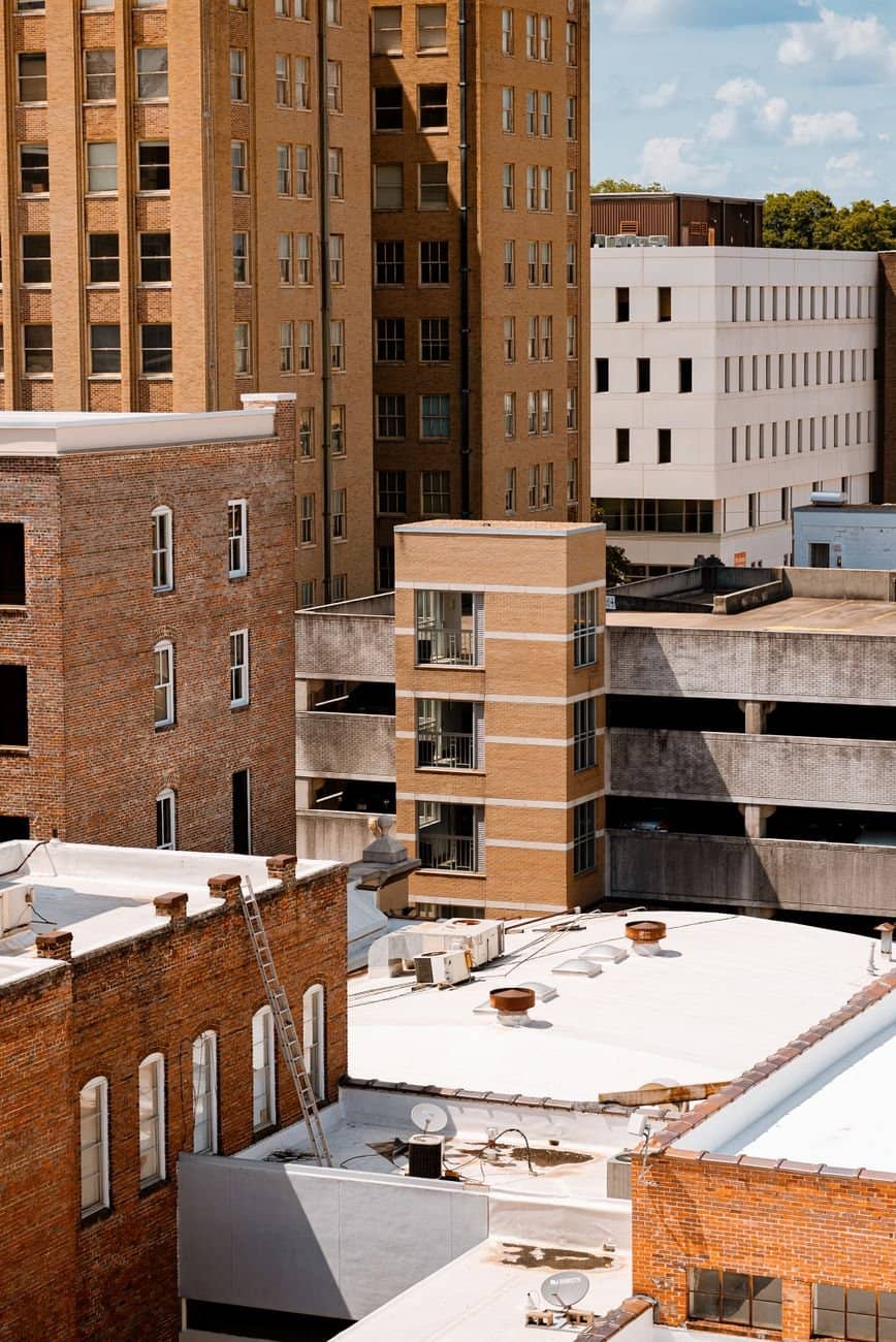 Aerial view of downtown Mississippi buildings, showcasing urban architecture.