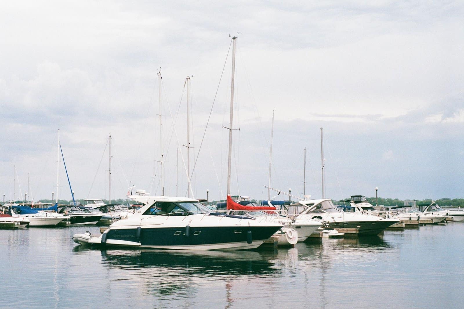 West Lake Okoboji Iowa shoreline with boats and summer cabins