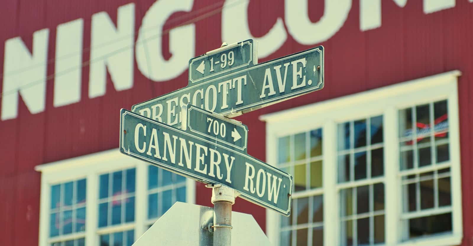 Street signs of Cannery Row and Prescott Ave in Monterey, California.