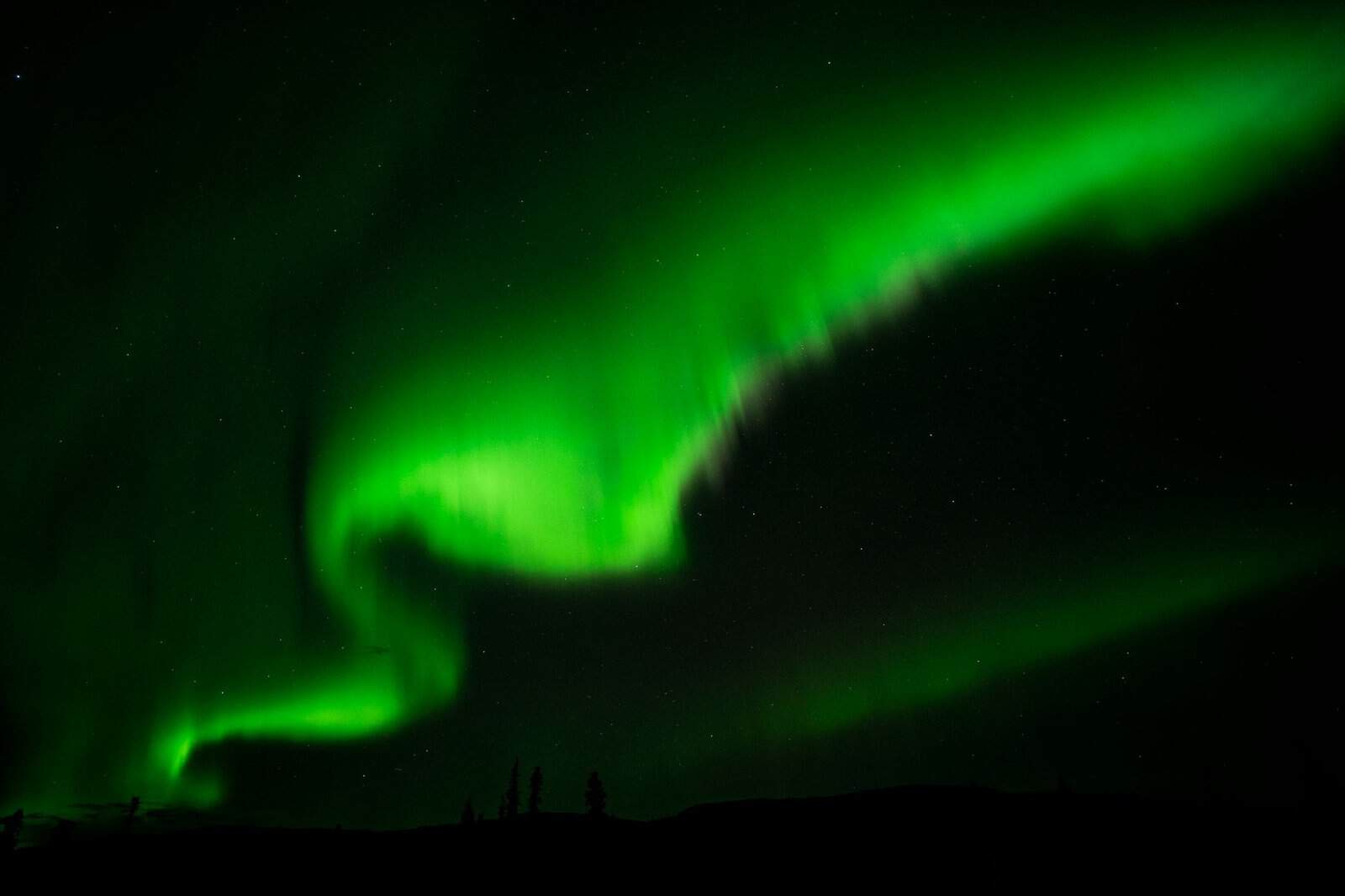 The aurora borealis visible in the night sky near Fairbanks Alaska