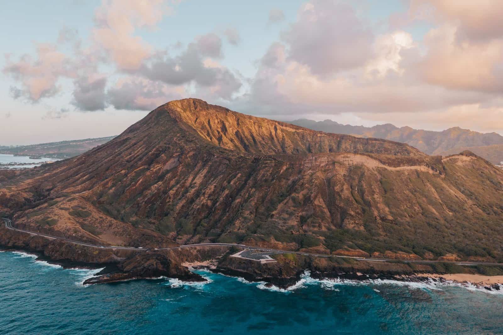 Epic aerial view of Koko Head in Hawaii, highlighting its volcanic landscape and scenic ocean backdrop.