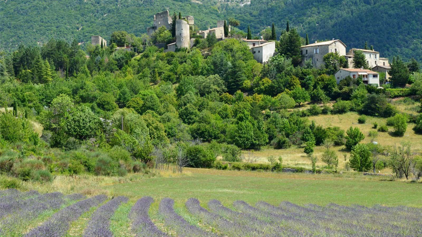 A picturesque hillside village surrounded by greenery and lavender fields under a clear sky.
