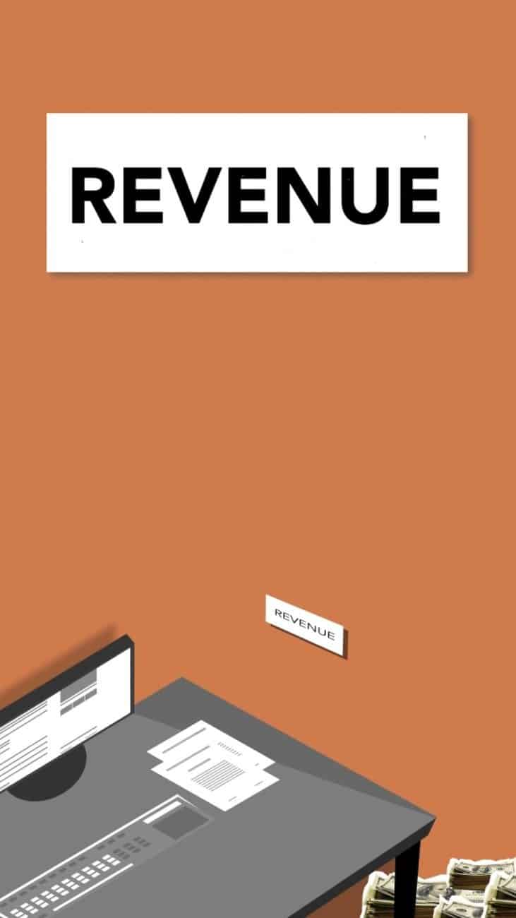 Illustration of computer with documents near pile of banknotes representing revenue concept on orange background