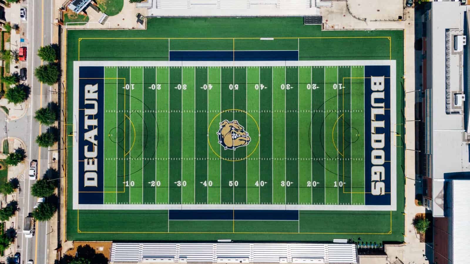 Top-down view of Decatur High School's Bulldogs football field in Georgia, USA.