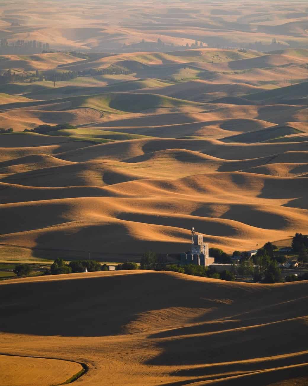 Stunning aerial view of Palouse's rolling hills with dramatic shadows and rich textures.