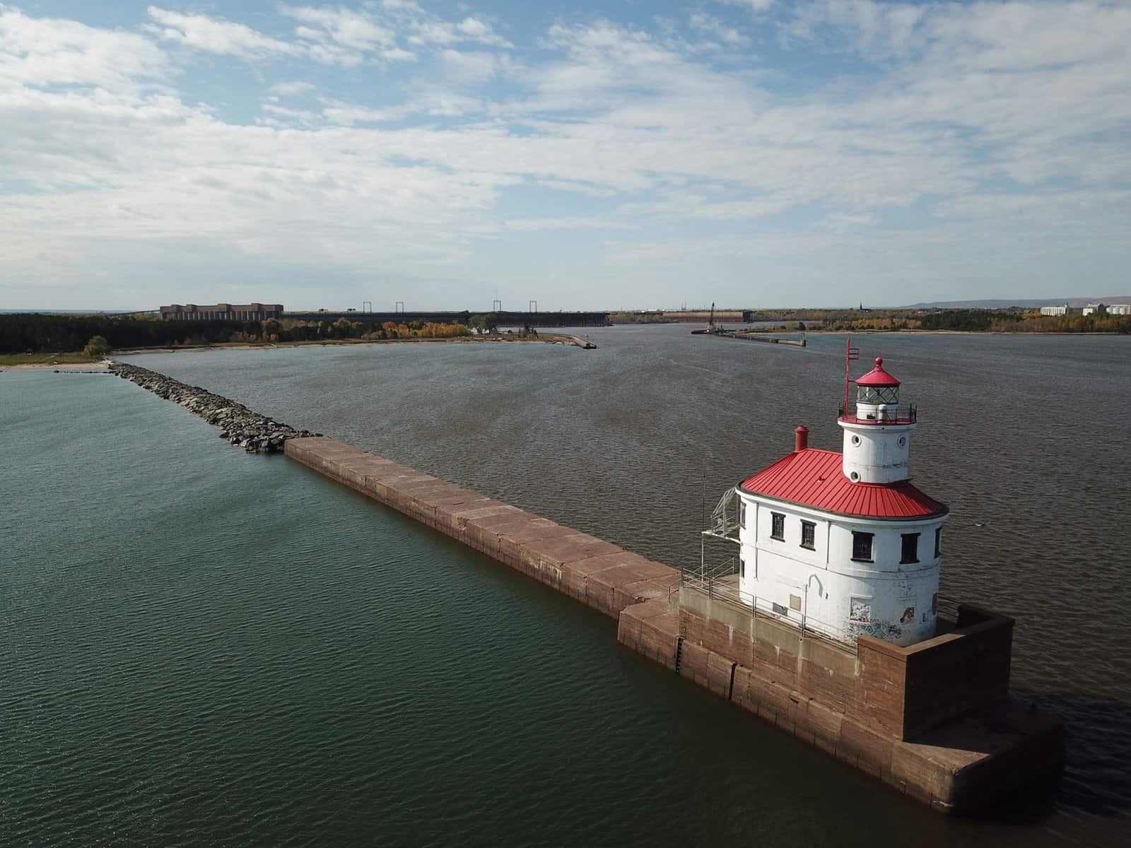 Aerial view of Wisconsin Point Light House on a sunny day in Superior, WI.