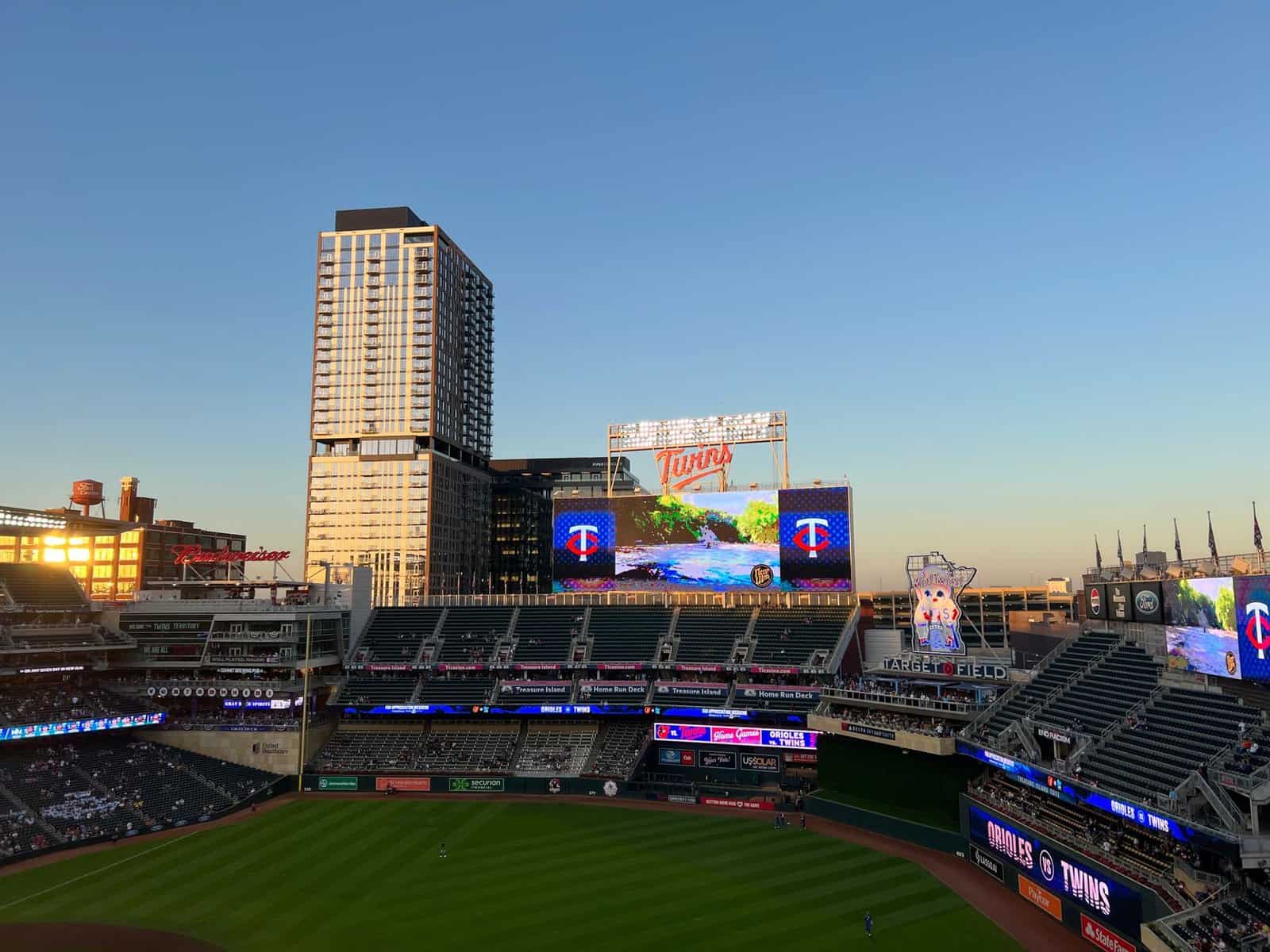 Aerial view of Target Field stadium during twilight in Minneapolis, Minnesota.