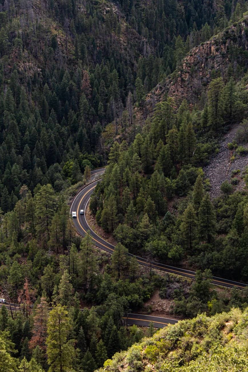 Aerial view of a winding road through lush coniferous forest in Flagstaff, Arizona.