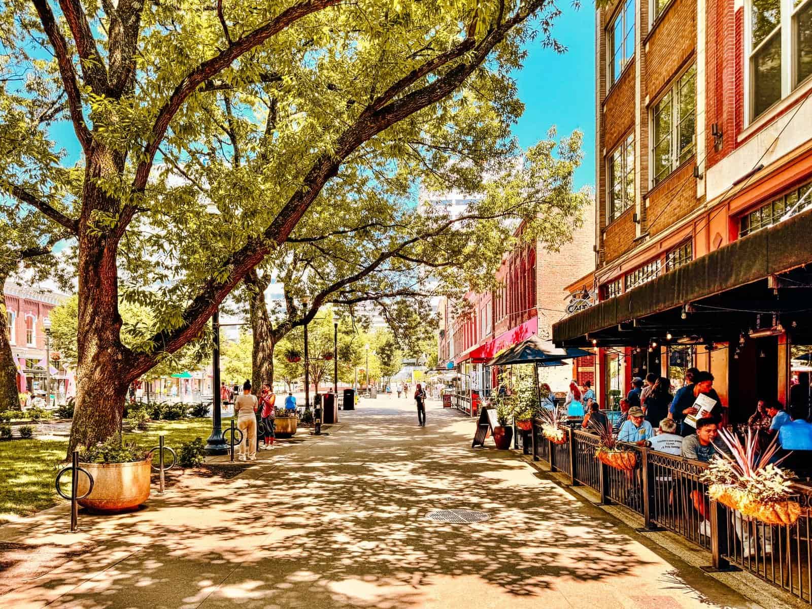 Vibrant street scene in Knoxville, Tennessee with people enjoying outdoor dining under tree shade.