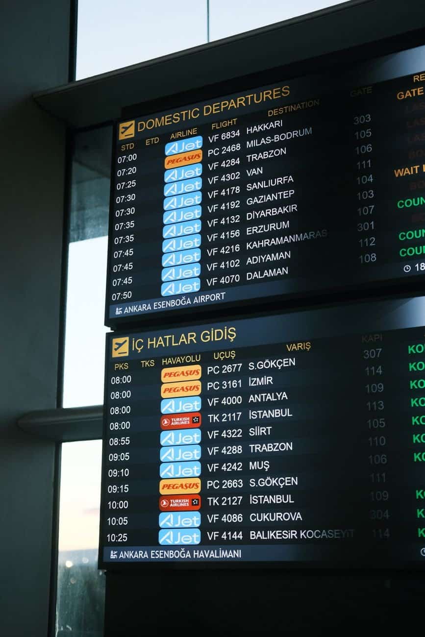 Flight information boards showing domestic departures at Ankara Esenboğa Airport.